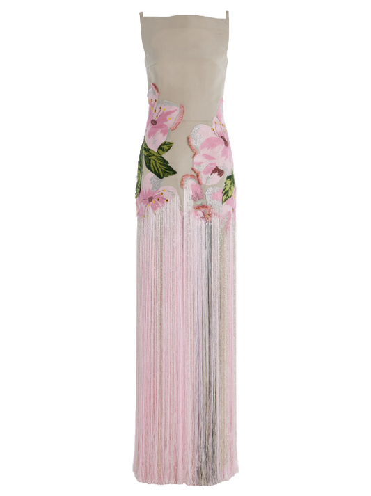 Sleeveless Embroidered Faille Gown With Fringe
