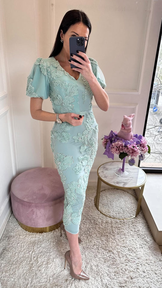 Elegant Hand-Embroidered Rhinestone Flower Dress